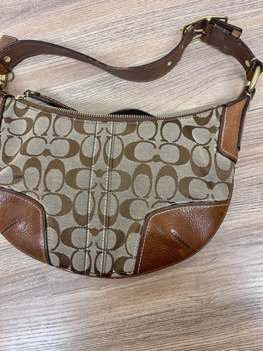 Coach Signature Hobo Bleecker Shoulder Bag Tan Brown Canvas Leather Trim - Picture 11 of 13